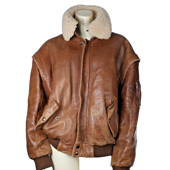 Vintage Midway Brown Leather Zipper Bomber Jacket Size 40 Sheep Shearling Collar - Picture 2 of 16